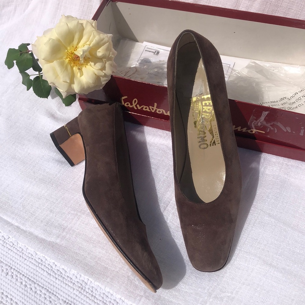Salvatore Ferragamo Brown Suede Low Block Heel Pumps